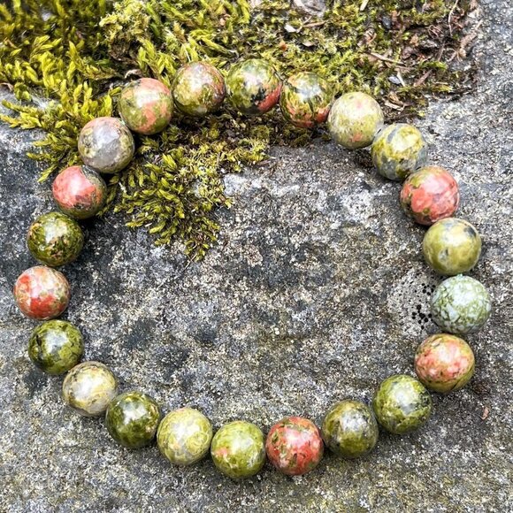Unakite Gemstone Stretch Bracelet | Handmade - Picture 3 of 4